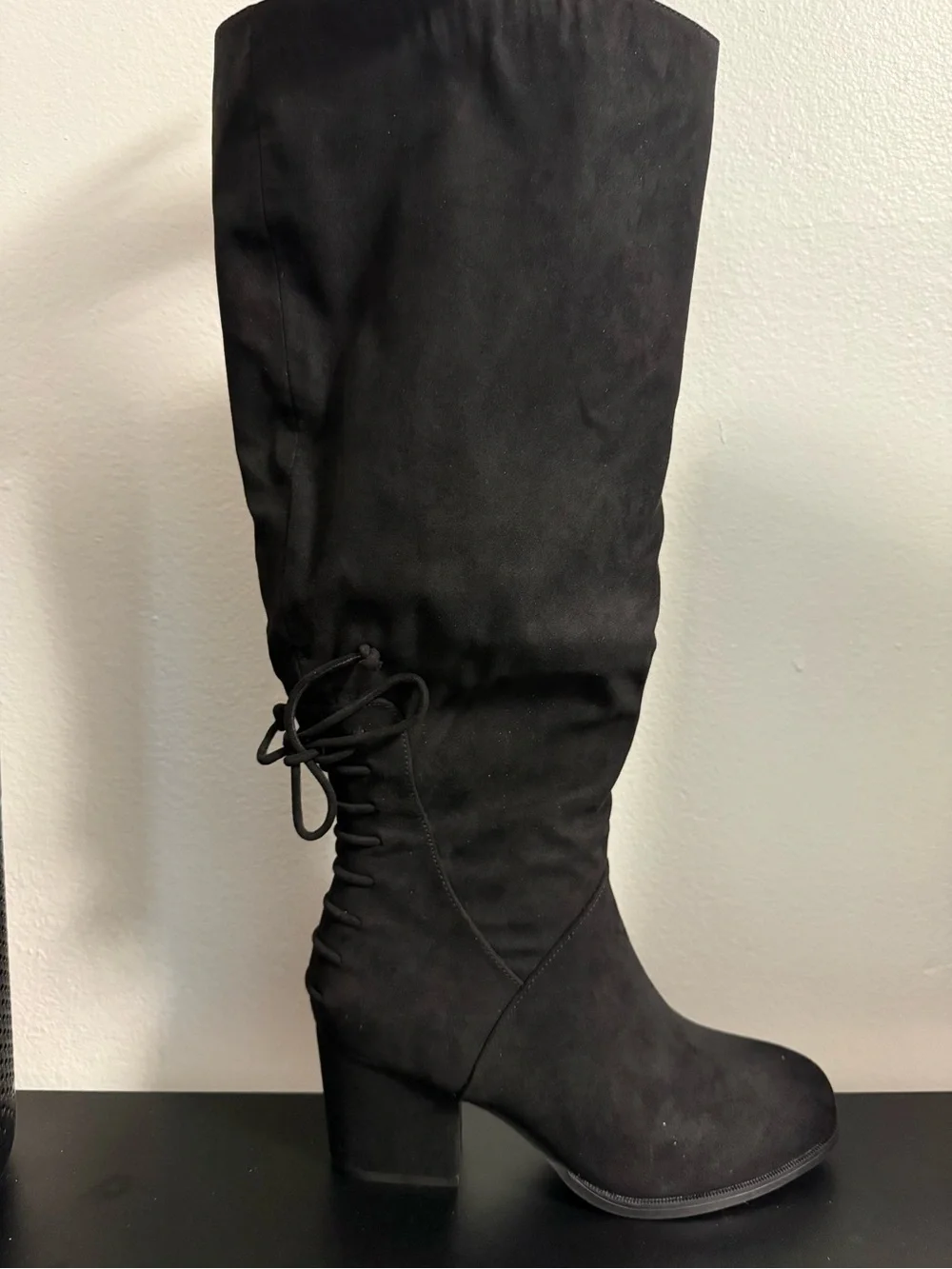 Journee Leeda Black Suede Over-The-Knee Lace-Back Block Heel Boots 8.5 Xtra Wide